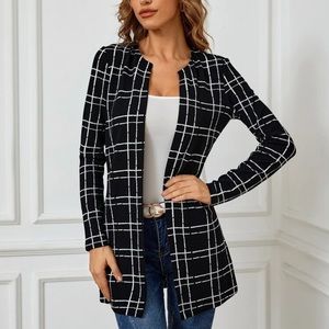 Minimalist neutral blazer collarless plaid black white jacket